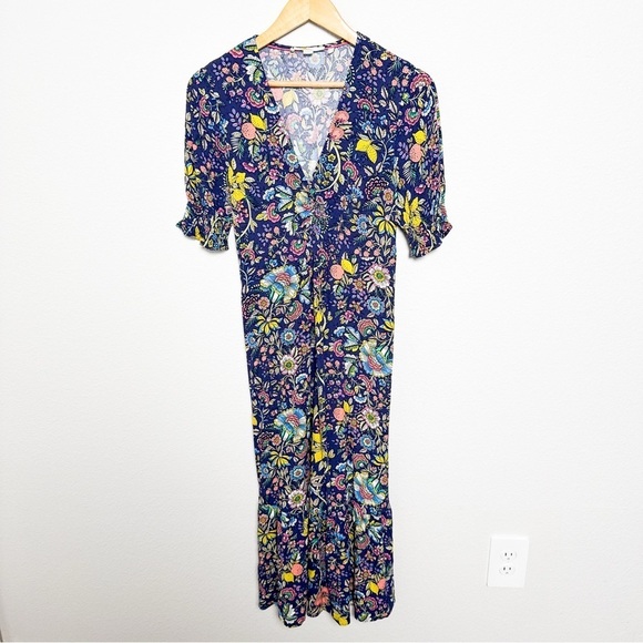 BODEN NAVY V NECK MIDI TEA DRESS Tropic Meadow Floral Size US 4 - Picture 2 of 9